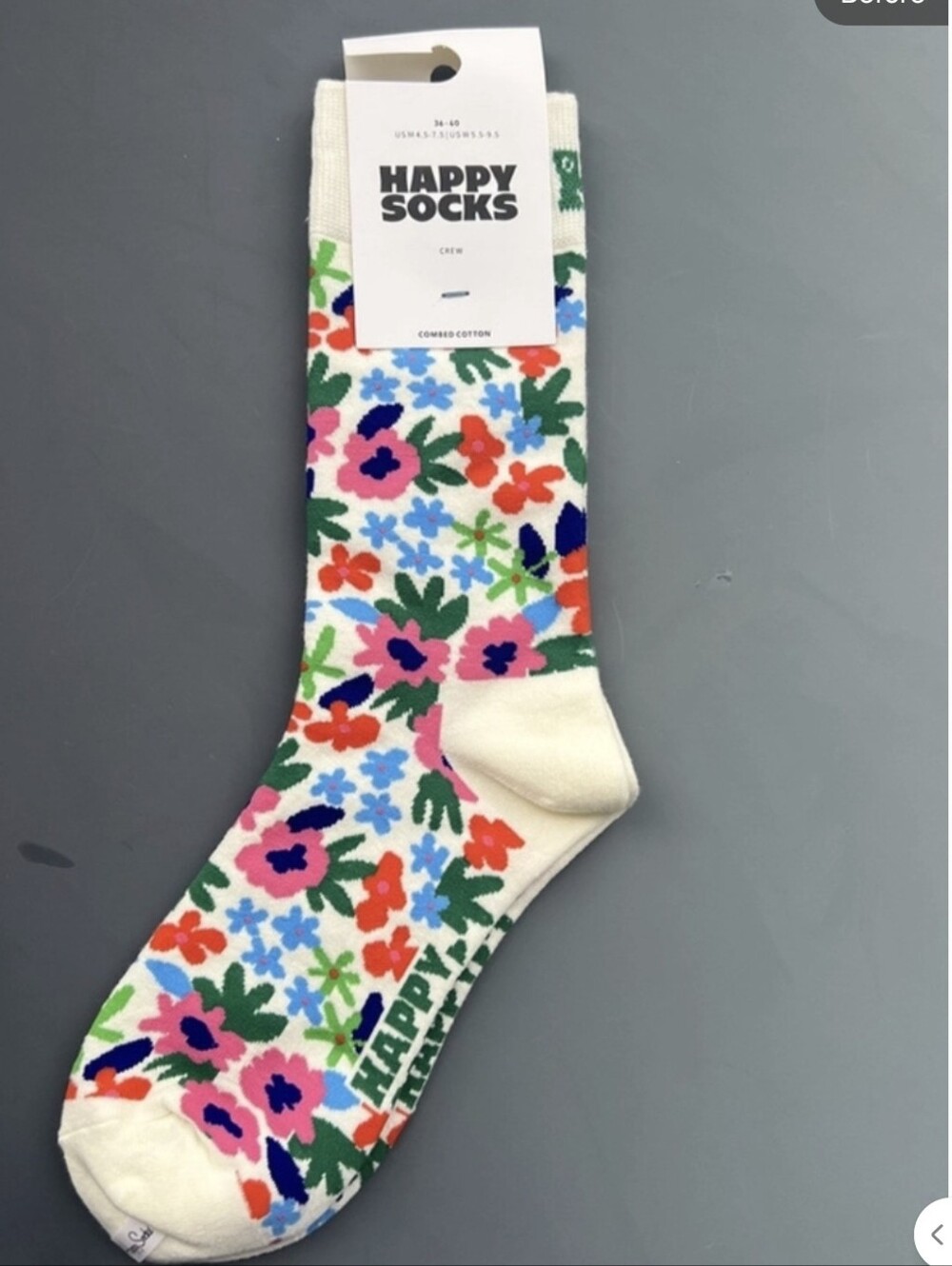 Happy Socks Cream Floral Crew Socks with Multicolor Blooms